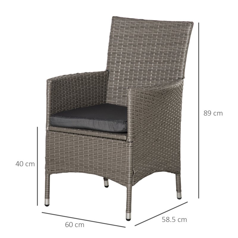 Outsunny 2 Pieces Outdoor PE Rattan Dining Chairs Set with Cushion, Garden Armchair with Armrests, High Backrest, Metal Frame Patio Wicker Furniture, Grey