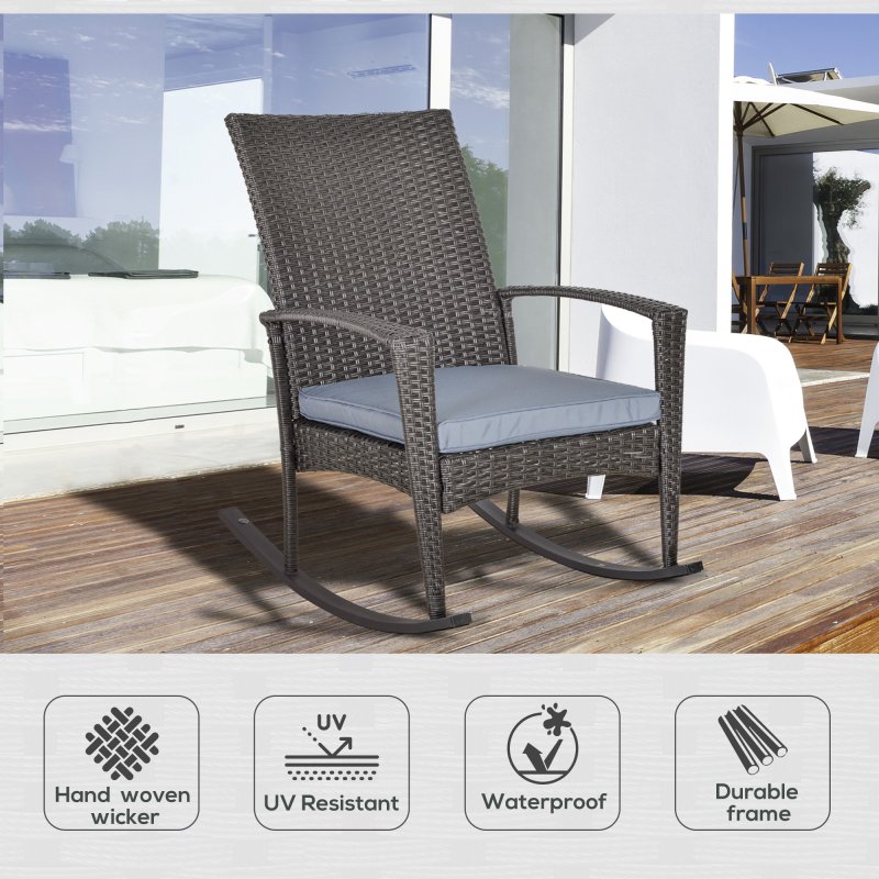 Outsunny PE Rattan Garden Rocking Chair, Outdoor Rocking with Cushion, 160 KG Capacity Wicker Garden Armchair Rocker with Metal Frame for Patio, Porch, Balcony, Grey