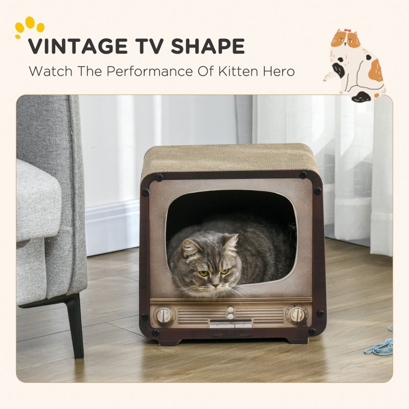 PawHut Cat Scratching Board, Cat Scratcher TV Shape Corrugated Cardboard 2 in 1 Cat House with Catnip, for Indoor Cats, Brown