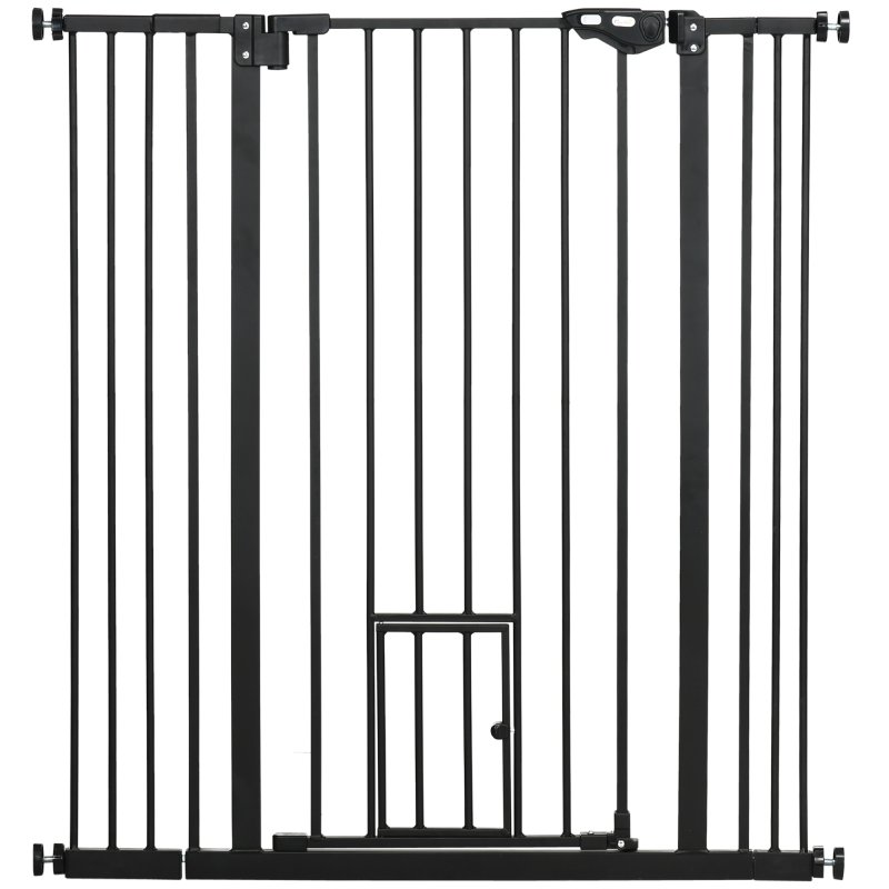 PawHut Extra Tall Dog Gate with Cat Flap, Pet Safety Gate for Doorways Stairs with Auto Close Double Locking, 104 cm Tall 74-101 cm Wide, Black