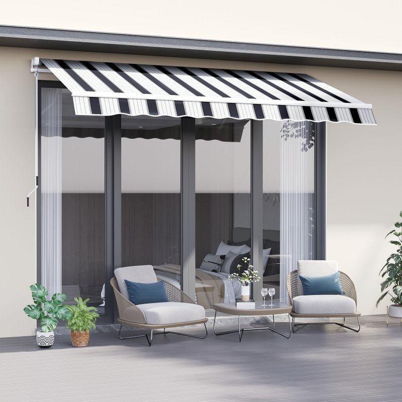 Outsunny 2.5m x 2m Retractable Awning, DIY Garden Awning Canopy, Anti-UV Sun Shade Shelter with Aluminium Frame and Crank Handle, Blue and White
