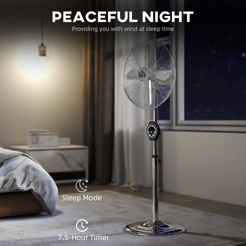 HOMCOM 16" Metal Pedestal Fan, Electric Standing Floor Fan, Oscillating, Adjustable Height, 3 Speed, 7.5H Timer, Remote Control, Sleep Mode, for Home Office Bedroom, Silver Tone