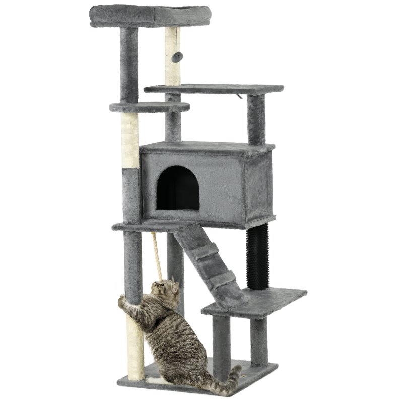 PawHut 148cm Cat Tree for Indoor Cats with Scratching Post, Cat Tower for Two Cats, with Cat House, Bed, Toy, Grey