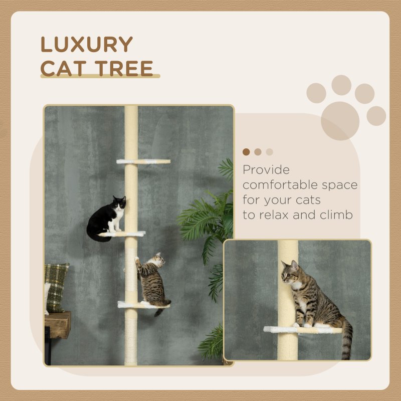 PawHut 260cm Floor to Ceiling Cat Tree, Height Adjustable Kitten Tower with Anti-slip Kit, Multi-Layer Activity Centre w/ Fish-shaped Perches Scratching Post Ball Toy - Yellow
