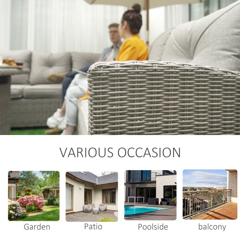 Outsunny Rattan Garden Furniture with Fire Pit and Waterproof Cover, 8 Seater Garden Corner Sofa Set with 11.8 KW Fire Pit Table, Ottomans and Olefin Cushions, Outdoor Conservatory Furniture, Grey