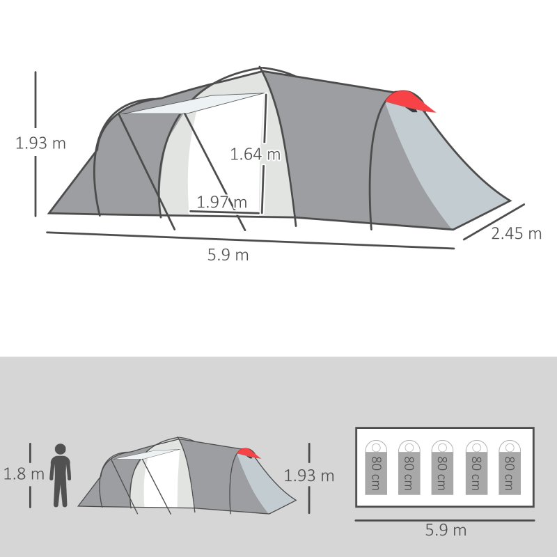 Outsunny 4-6 Man Tunnel Tent with 2 Bedroom, Living Area and Vestibule, Large Camping Tent, 2000mm Waterproof, UV50+, Portable with Bag, for Fishing Hiking Festival, Grey and Red