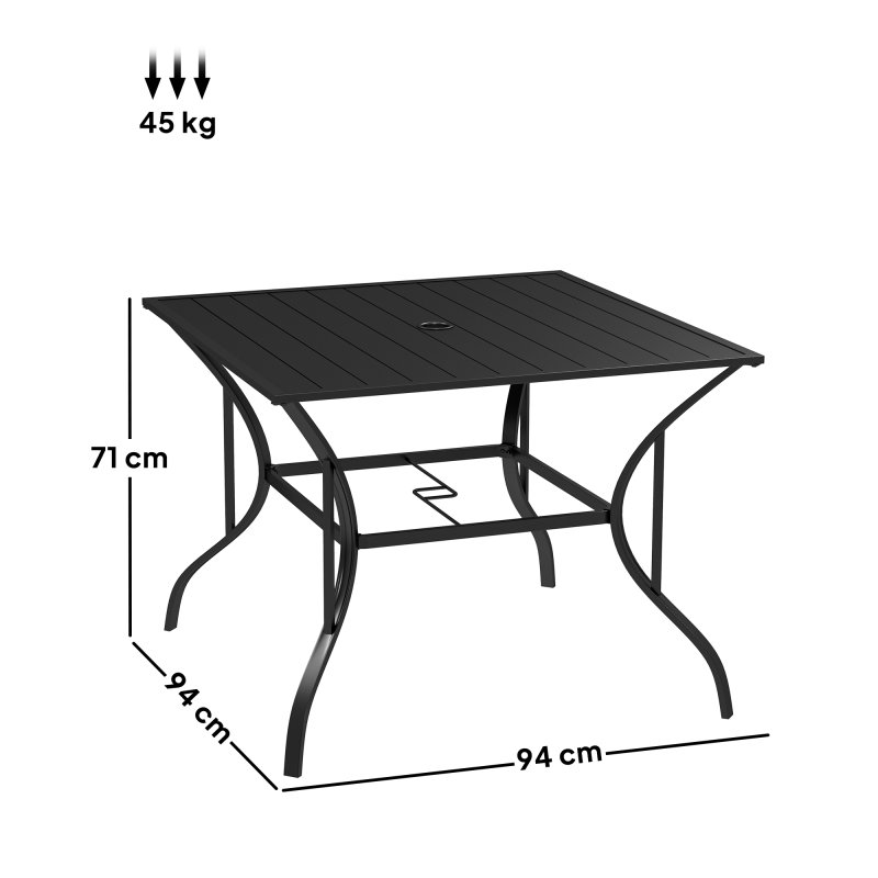 Outsunny 94 x 94 cm Garden Dining Table with Parasol Hole, Square Patio Table with Slatted Metal Plate Top, Black