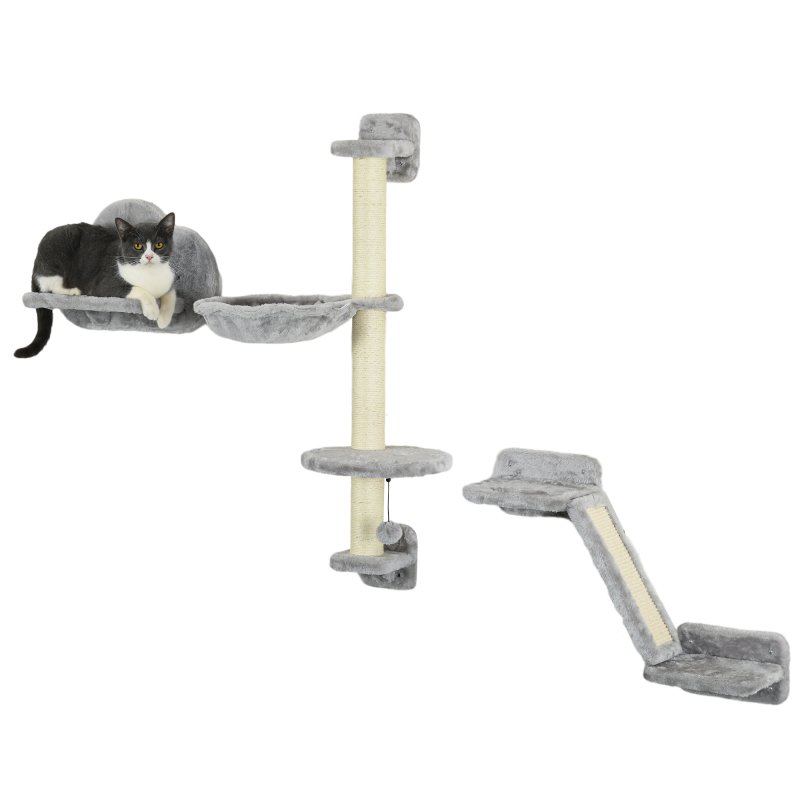 PawHut Three-Piece Wall-Mounted Cat Shelves, with Hammock, Cloud-Shaped Jumping Platform, Ladder, Scratching Post, Cat Wall Furniture with Play Ball for Large Cats - Grey