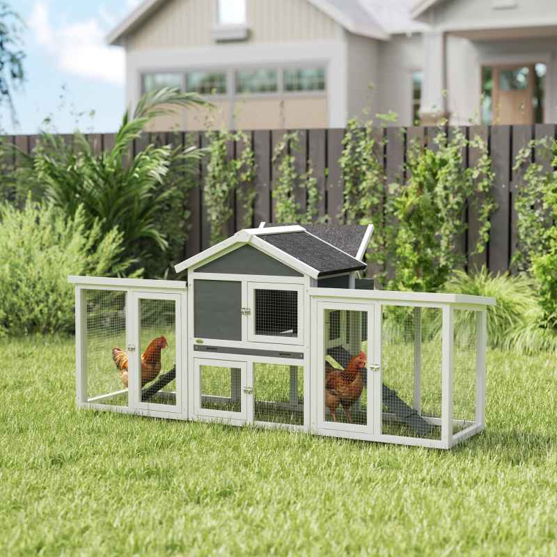 PawHut Large Chicken Coop with Run Garden Hen House Poultry Coops Cages with Nesting Box Wooden 204 x 85 x 93cm, Grey