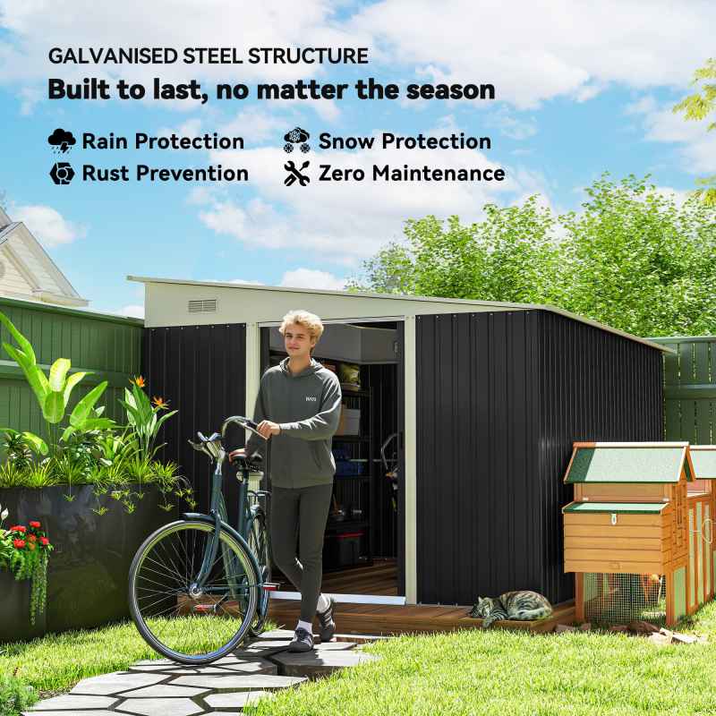 Outsunny 11.3 x 9.2ft Lean to Metal Garden Shed, Outdoor Galvanised Tool Storage House with Double Sliding Doors and 2 Air Vents, Black