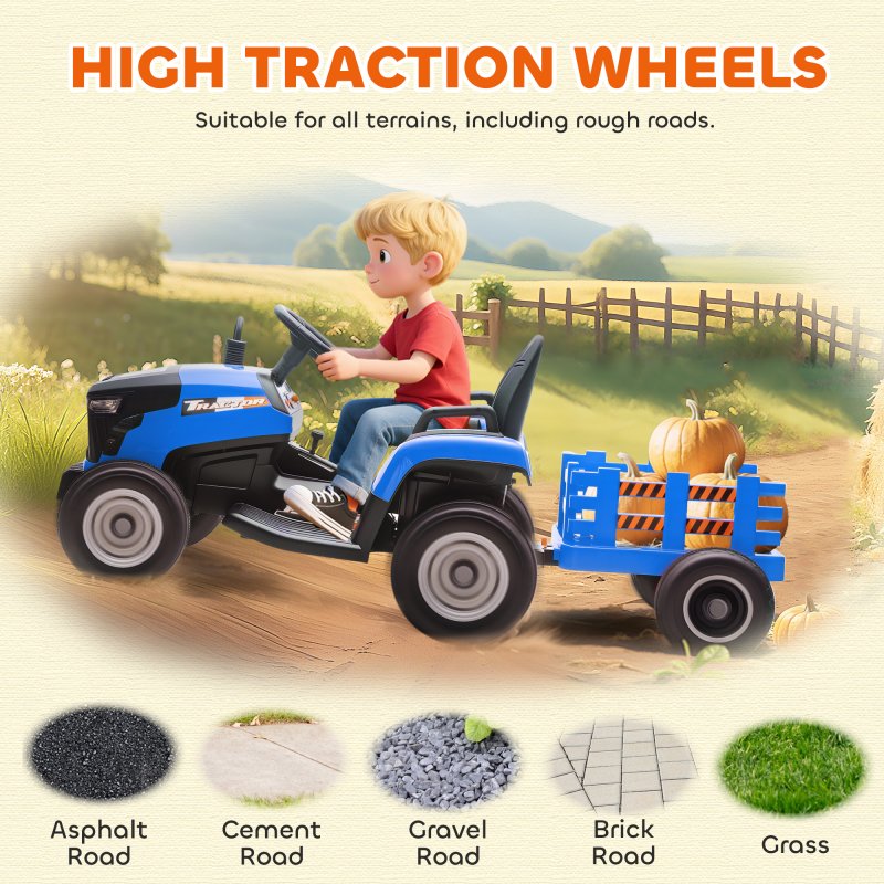 AIYAPLAY Ride on Tractor with Trailer, 12V Electric Vehicle with Remote Control, Ride on Car for Kids with Music, Shifter, Start-Up Sound for Ages 3-8 Years, Blue