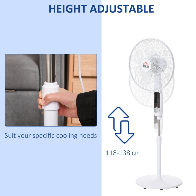 HOMCOM 16'' Pedestal Stand Fan, 3 Speed 3 Mode, 85 Degree Oscillation, LED Panel, 3M Remote Controller, Height Adjustable for Living Room, Bedroom, Garage, Office, Black and White