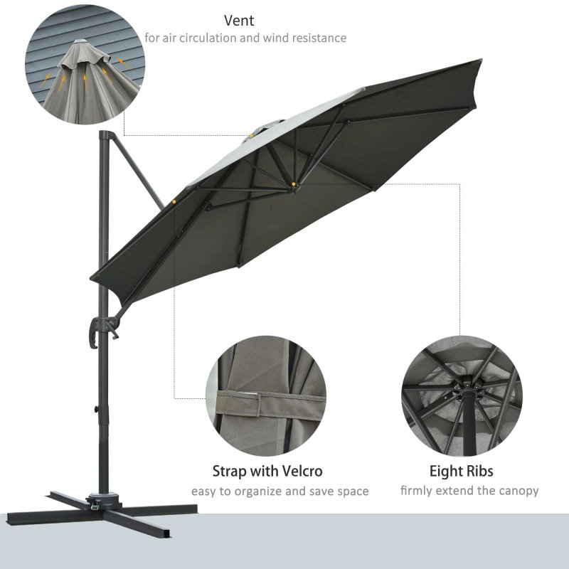 Outsunny 3(m) Patio Offset Parasol Roma Umbrella Cantilever Hanging Sun Shade Canopy Shelter Tilt 360 Rotation with Aluminium Frame Hand Crank Cross Base, Dark Grey