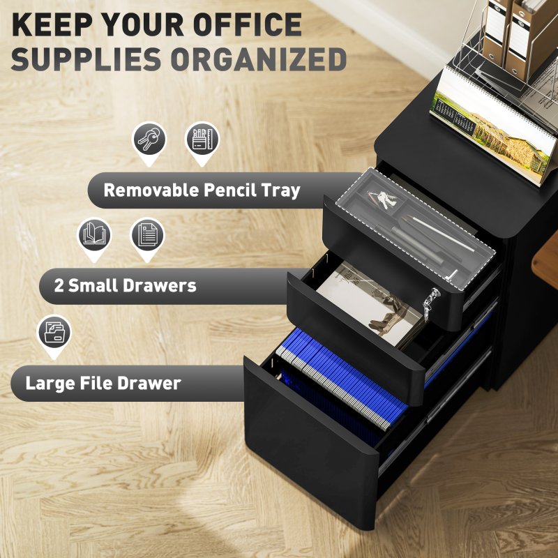 Vinsetto 3-Drawer Mobile Filing Cabinet, Steel Lockable File Cabinet for A4, Legal, Letter, Compact Under Desk Storage Unit with Pre-Assembled Body for Home Office, 30 x 45 x 59cm, Black
