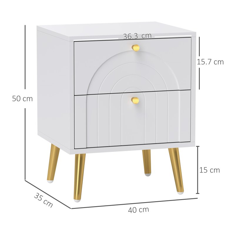 HOMCOM Bedside Table Set of 2, Modern Bedside Cabinets with 2 Drawers and Steel Legs, Side Tables for Living Room, Bedroom, 40 x 35 x 50 cm, White