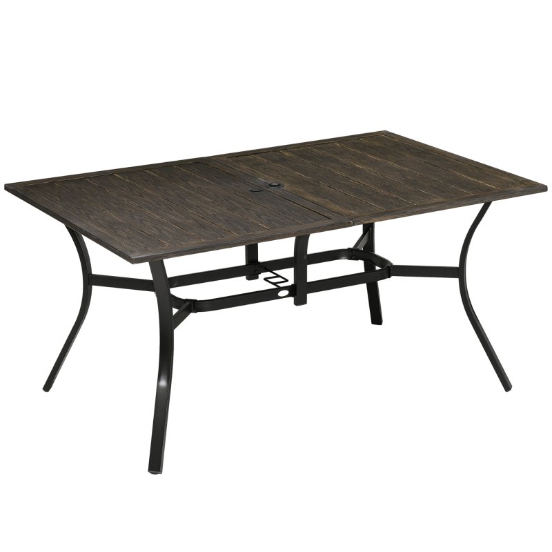 Outsunny Garden Table with Parasol Hole, Outdoor Garden Dining Table with Wood Grain Tabletop and Steel Frame for Patio, Deck, Balcony, Brown, 150 x 96 x 73cm