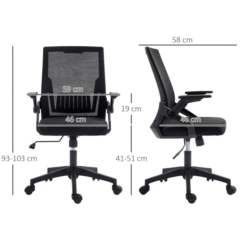 Vinsetto Mesh Office Chair, Desk Chair with Lumbar Support, Flip-up Armrest, Swivel Wheels, Adjustable Height, Black