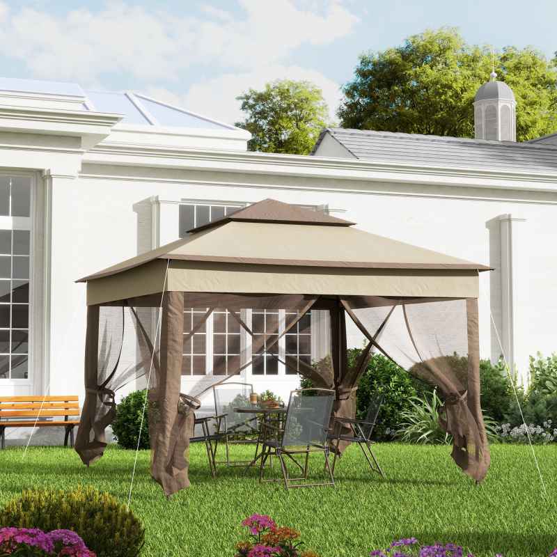 Outsunny 3 x 3(m) Pop Up Gazebo, Marquee Party Tent with Double Tier Roof, Netting and Carry Bag, Event Shelter for Outdoor Patio, Khaki