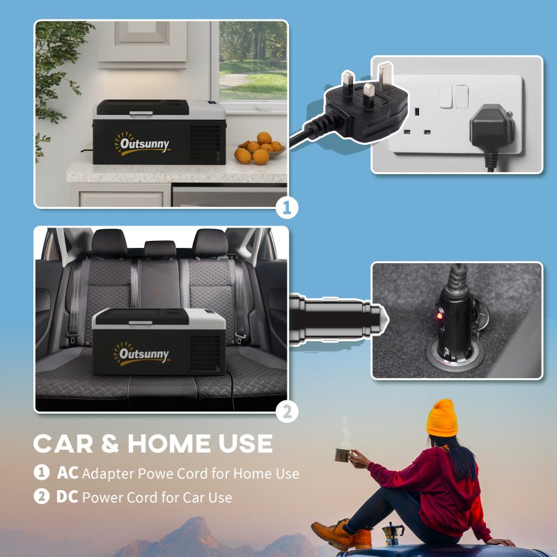 Outsunny 16L Car Refrigerator,  Portable Compressor Camping Fridge Freezer with 12/24V DC and 100-240V AC for Car, RV and Camping Use, Down to -20°C, Black