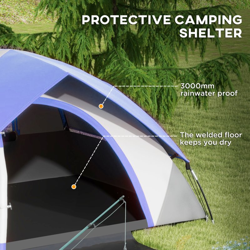 Outsunny Camping Tent, 2 Man Dome Tent, 3000mm Waterproof, with Sewn-in Groundsheet, Carry Bag and Top Hook, for Fishing Hiking Festival, Grey and Dark Blue