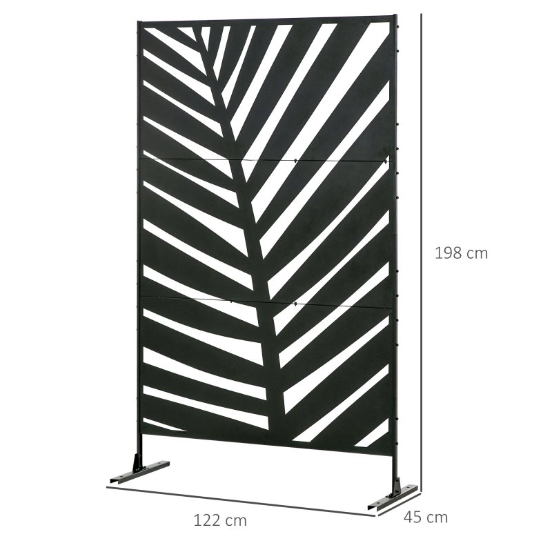 Outsunny Decorative Garden Privacy Screen with Stand, 6.5FT Freestanding Metal Outdoor Divider, Decorative Privacy Panel with Expansion Screws for Garden Pool Hot Tub, Banana Leaf Style, Black
