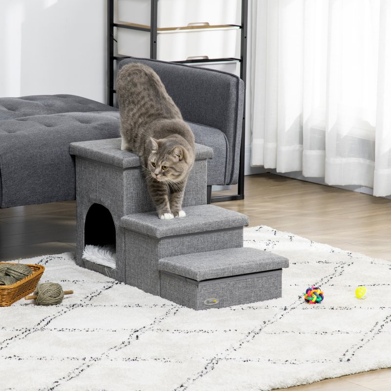 PawHut Dog Steps for Bed, 3 Step Pet Stairs with Kitten House and 2 Storage Boxes, 3 in 1 Dog Ramp for Sofa with Washable Plush Cushion, Light Grey