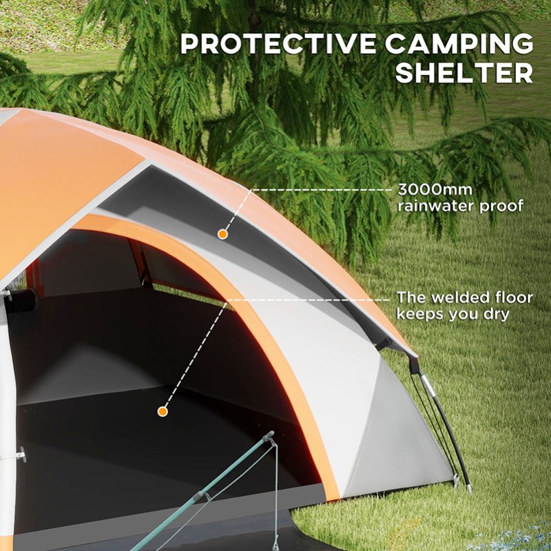 Outsunny Camping Tent, 2 Man Dome Tent, 3000mm Waterproof, with Sewn-in Groundsheet, Carry Bag and Top Hook, for Fishing Hiking Festival, Grey and Orange