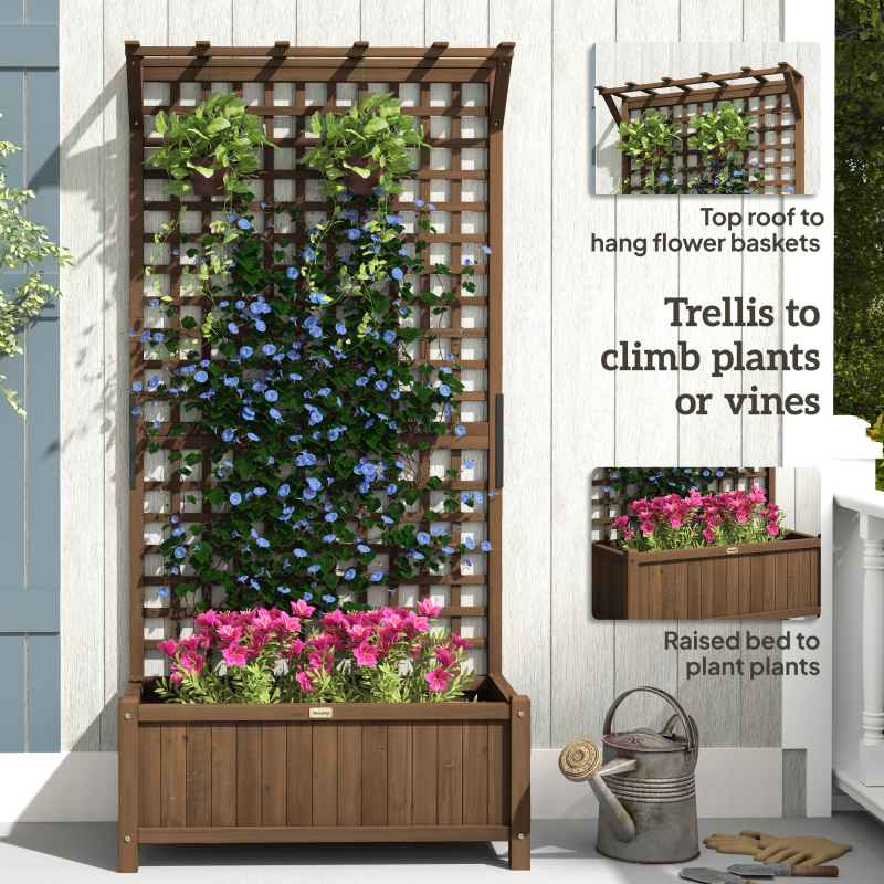 Outsunny Wood Planter with Trellis for Climbing Plants, Raised Bed, Planter Box with Drainage Holes to Grow Vegetables, Herbs and Flowers for Garden, Patio, Yard, Brown