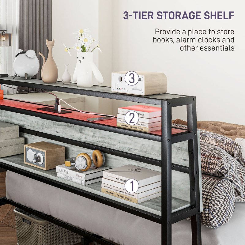 HOMCOM 5ft King Size Bed Frame with LED Lights and Charging Station, Platform Bed Frame with Storage Headboard, Steel Slat Support, No Box Spring Needed, Easy Assembly, Cement Grey