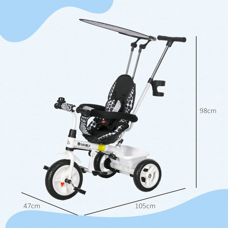 HOMCOM Trike, 6 in 1 Tricycle for Kids, Baby Trike with Push Handle, Removable Canopy, 5-Point Safety Harness, Storage Basket, for 18-60 Months, White