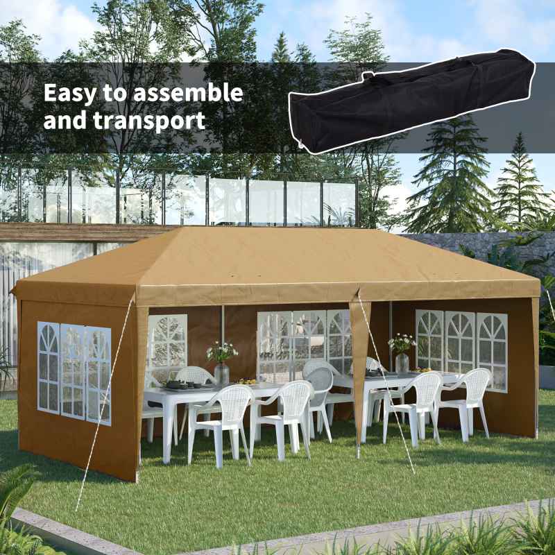 Outsunny 3 x 6m Garden Pop Up Gazebo, Height Adjustable Marquee Party Tent with Sidewalls, Storage Bag, Khaki