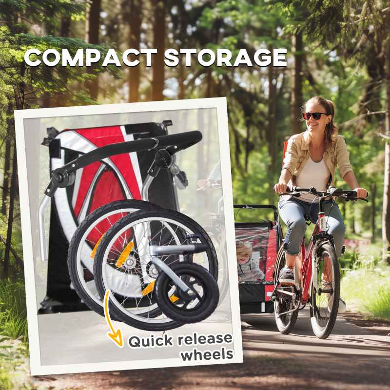 HOMCOM Child Bike Trailer, Baby Bicycle Trailer for 2 Kids with 5 Point Harness, Steel Frame, Reflectors, Safety Flag, Hitch Coupler, Red