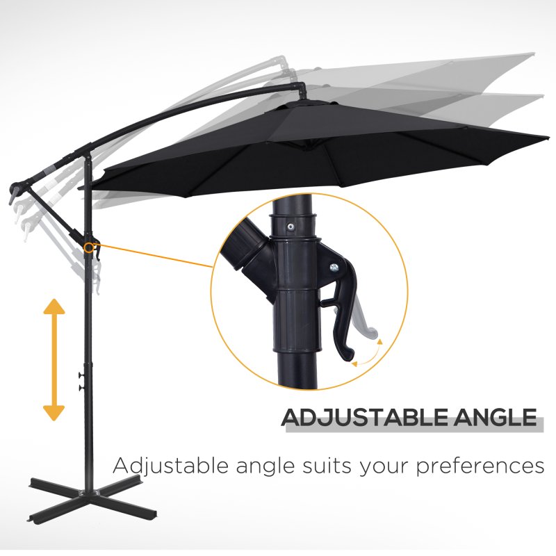 Outsunny 3(m) Garden Banana Parasol Hanging Cantilever Umbrella with Crank Handle, 8 Ribs and Cross Base for Outdoor, Sun Shade, Black