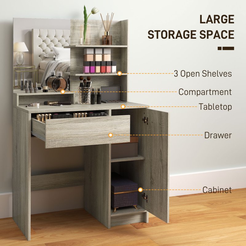 HOMCOM Dressing Table with Mirror and Stool, Vanity Table, Modern Makeup Desk with Drawer, Storage Cabinet and Adjustable Shelf for Bedroom, Natural Wood Finish