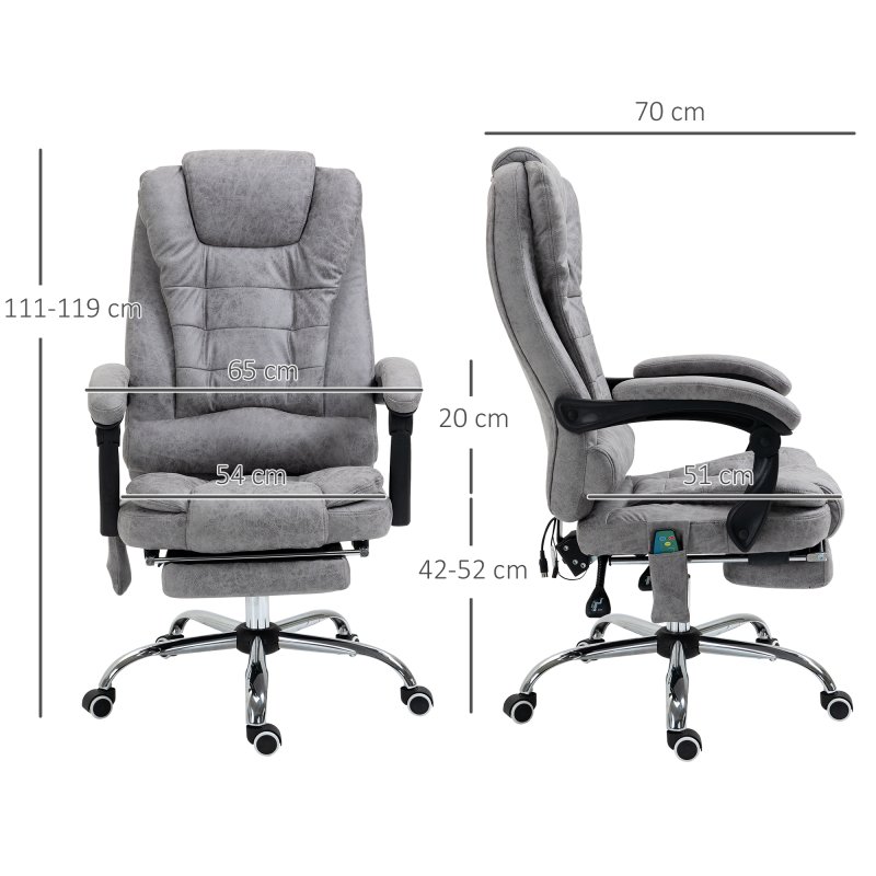 Vinsetto Office Chair with 6 Point Massage and Back Heat, Microfiber Desk Chair with Footrest Adjustable Height and Swivel Wheels, Back Reclining, Grey