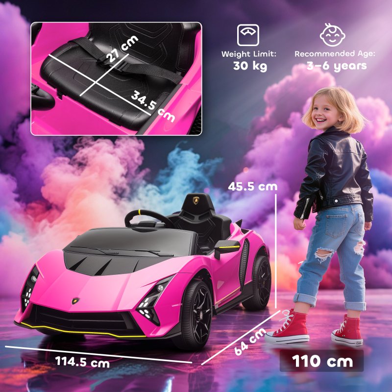 AIYAPLAY 12V Lamborghini Autentica Licensed Kids Electric Car with Butterfly Doors, Ride on Car with Remote Control, 4 Suspension Wheels, Soft Start, LED Lights, Music, Horn, Pink