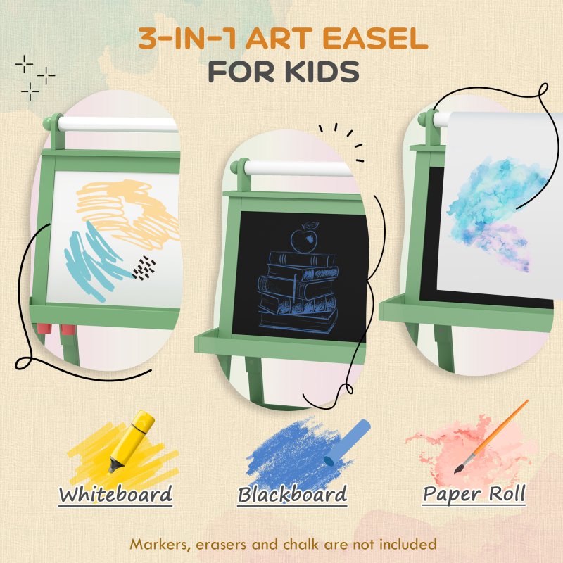 AIYAPLAY Art Easel for Kids with Paper Roll, 3 in 1 Kids Easel Double-Sided Magnetic Whiteboard and Chalkboard with Storage Baskets, for Children 3-6 Years - Green