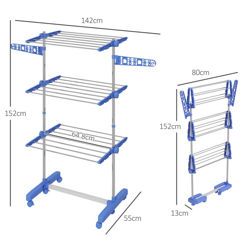 HOMCOM 3-Tier Clothes Airer, Stainless Steel Foldable Clothes Drying Rack with Wheels and Wings, Indoor and Outdoor, Easy Assembly, 142 x 55 x 152cm, Blue