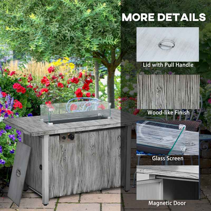 Outsunny Propane Gas Fire Pit Table for Garden, 50000 BTU Smokeless Firepit Outdoor Patio Heater with Waterproof Cover, Glass Screen, Glass Beads and Lid, Wood Effect, 109 x 56 x 63cm, Grey