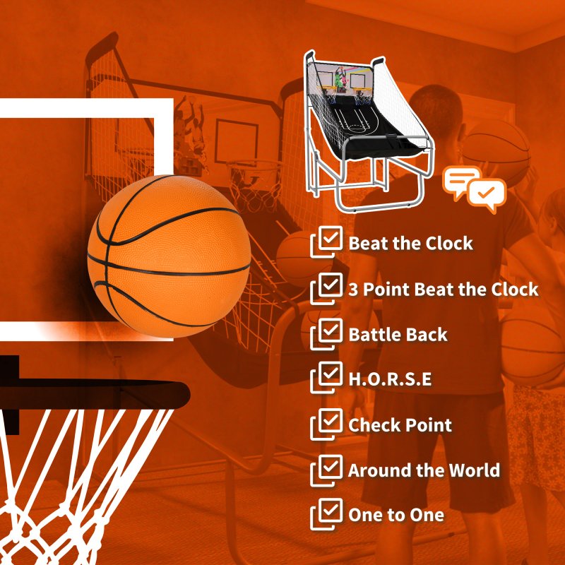 SPORTNOW Double-Shot Basketball Arcade Game, Foldable Indoor Basketball Game with 8 Modes, Electronic Scoreboard, Sound Effects, 4 Basketballs