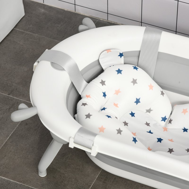 HOMCOM Foldable Baby Bathtub Set, Collapsible Bath Tub with Thermostatic Water Plug, Non-Slip Support, Cushion Pad, Drain Plugs, for Newborn to 3 Years - Offwhite