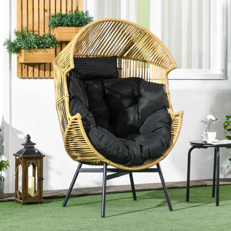 Outsunny Garden Egg Chair with 14cm Thick Seat Cushion, PE Rattan Leisure Chair with Comfortable Headrest, Adjustable Feet, Steel Frame, Sand