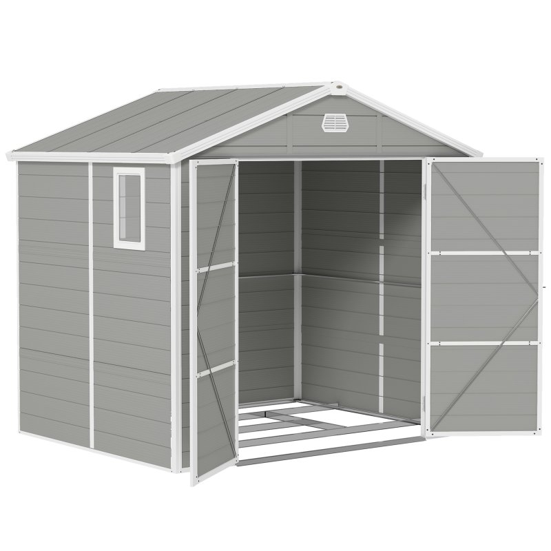 Outsunny 8 x 6ft Plastic Garden Storage Shed with Foundation Kit, Polypropylene Outdoor Storage Tool House with Ventilation Slots and Lockable Door, Light Grey