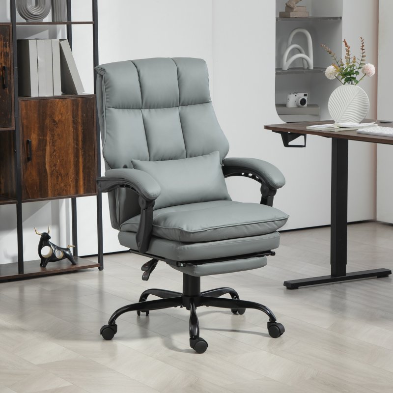 HOMCOM Executive Office Chair with Footrest, PU Leather High Back Desk Chair with Lumbar Support, Swivel Computer Chair with Adjustable Height and Padding Armrests, Grey