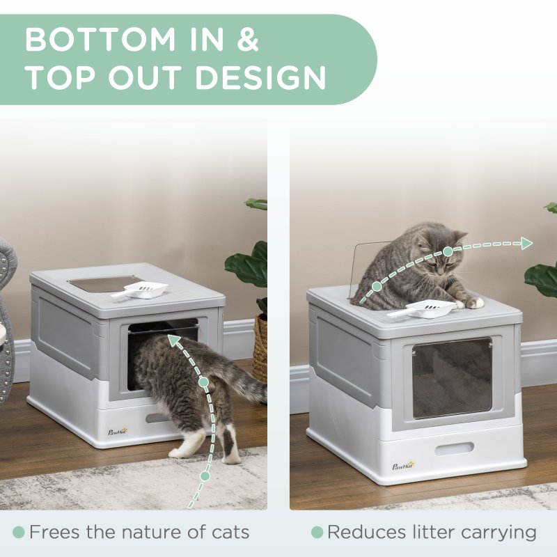 PawHut Cat Litter Tray with Hood Enclosed Cat Litter Box Pet Toilet w/ Lid, Scoop, Front Entry, 47.5 x 35.5 x 36.7cm - Grey