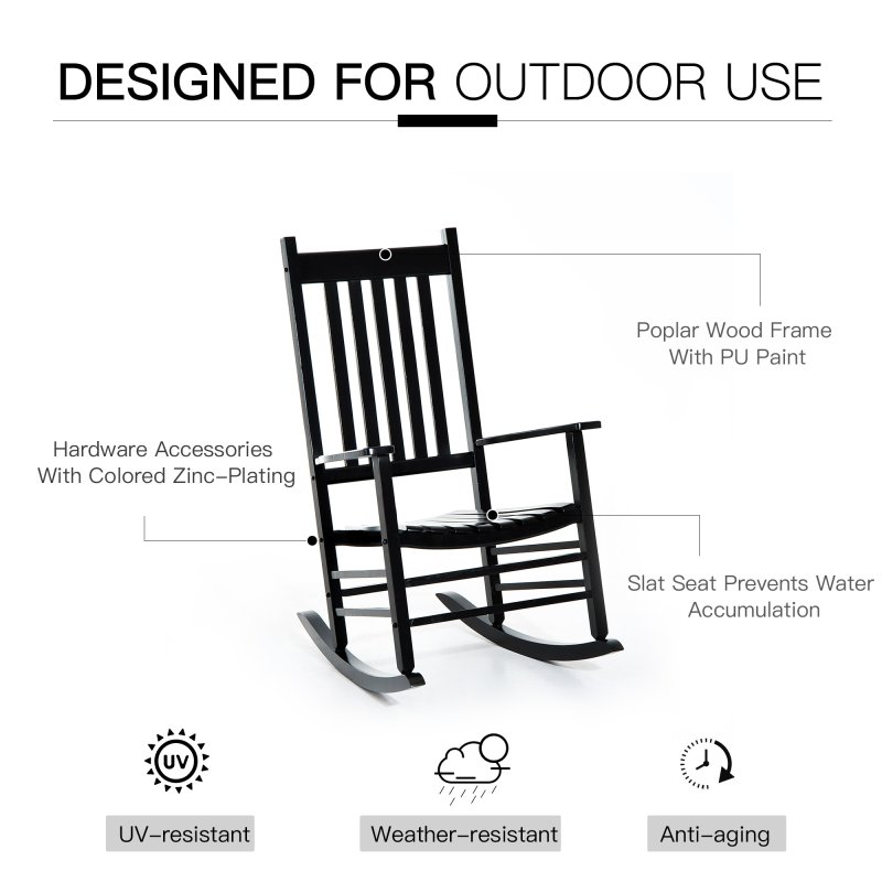 Outsunny Outdoor Porch Rocking Chair Armchair Wooden Patio Rocker Balcony Deck Garden Seat Black