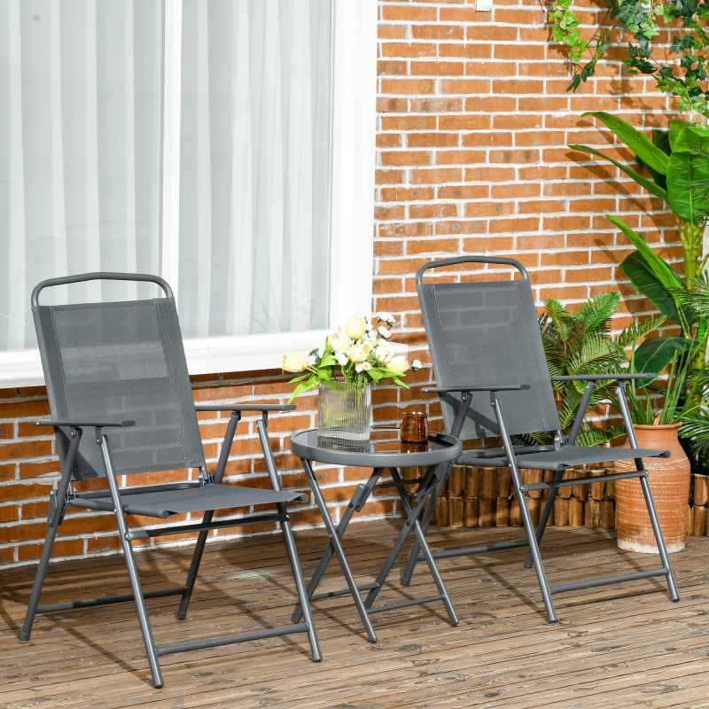 Outsunny Garden Bistro Set, 3 Pieces Table and Chairs Set, Outdoor Garden Furniture with Foldable Breathable Mesh Fabric Armchairs & Glass Top Coffee Table, Dark Grey