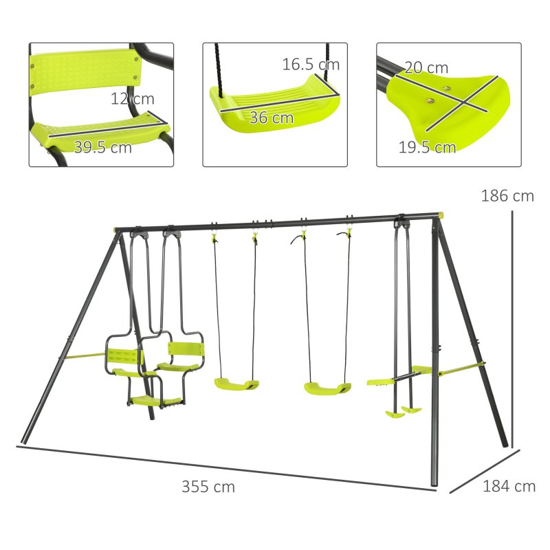 Outsunny Garden Swing Set, Kids Swing with Double Swings, Glider, Swing Seats, for Outdoor, Playground, for Ages 3-8 Years - Green
