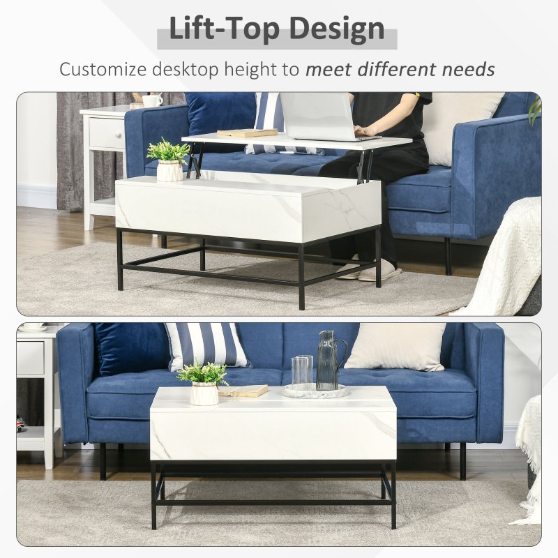 HOMCOM Lift Top Coffee Table, Lifting Coffee Table with Hidden Storage Compartment and Metal Legs, for Living Room, Faux Marble White