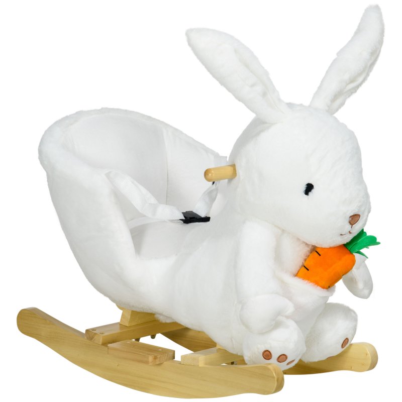 HOMCOM Kids Rocking Horse, Plush Rabbit-Shaped Baby Rocking Animal w/ Carrot Toy, Safety Harness, Realistic Sounds, Foot Pedals, for Toddlers Aged 18-36 Months - White